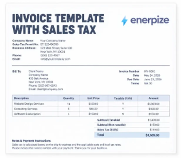 Enerpize invoice template with sales tax calculation preview