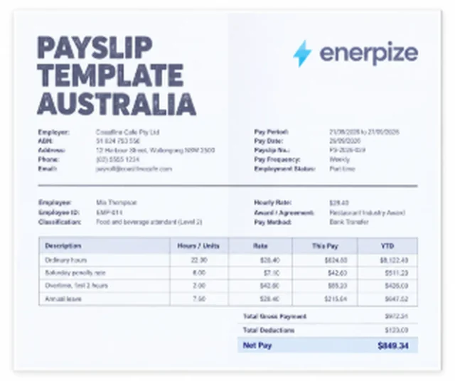 Enerpize payslip template Australia preview built for Fair Work and Payday Super