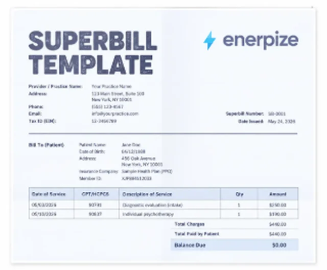 Enerpize superbill template preview with CPT codes